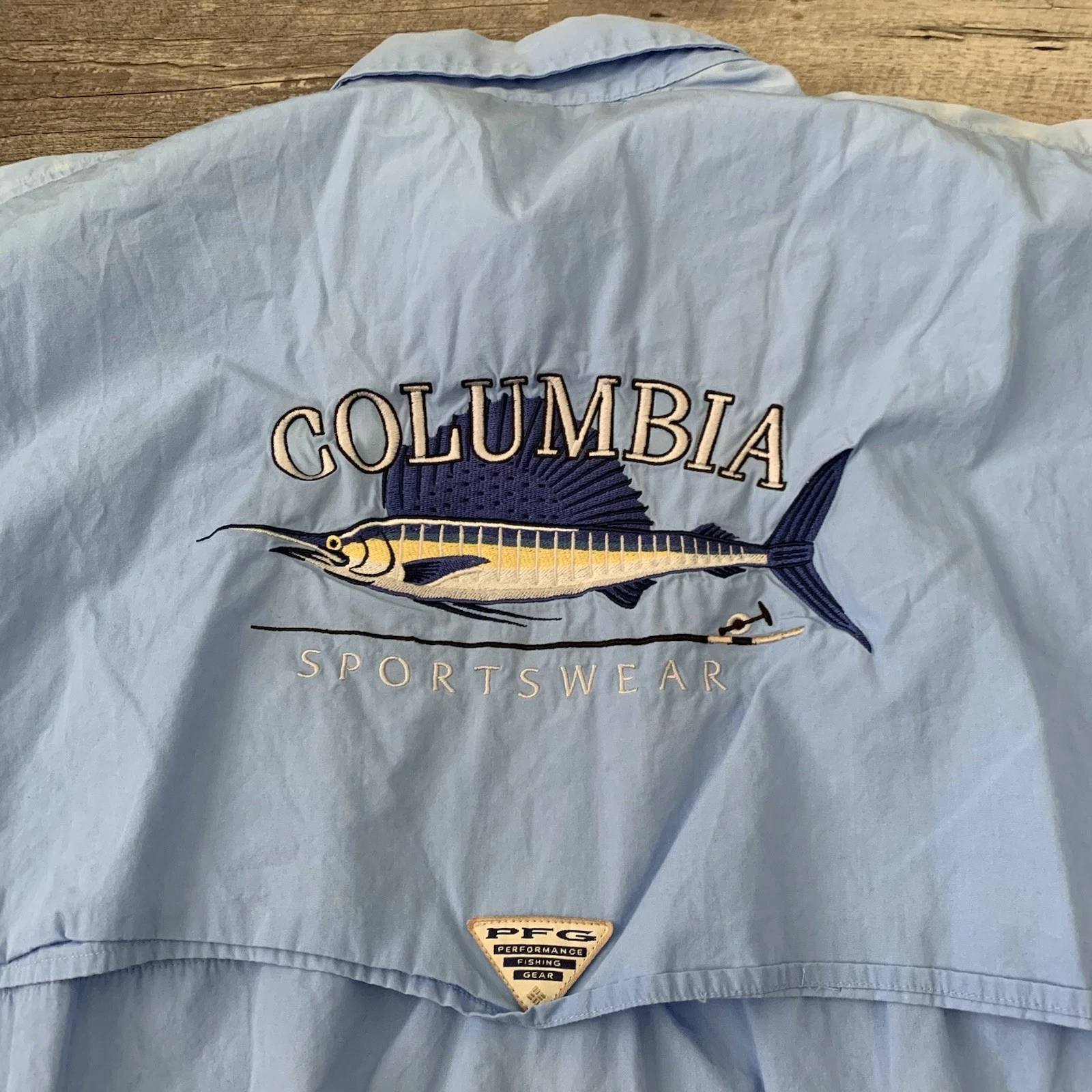 Columbia PFG Fishing Shirt Mens XL Embroidered Sailfish Back Blue Cotton Vented