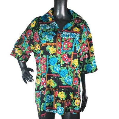 Vtg Touche' LA Women's Multicolored Floral Button Up Short Sleeve Shirt Size M