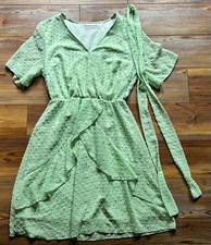 ECOWISH Women’s Green Swiss Dot Wrap A-Line Dress V-Neck Ruffle Tie Short S