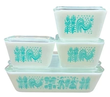 Vtg Pyrex Turquoise Amish Butterprint Refrigerator Dish Set of 4 (8 Pc) w/ Lids