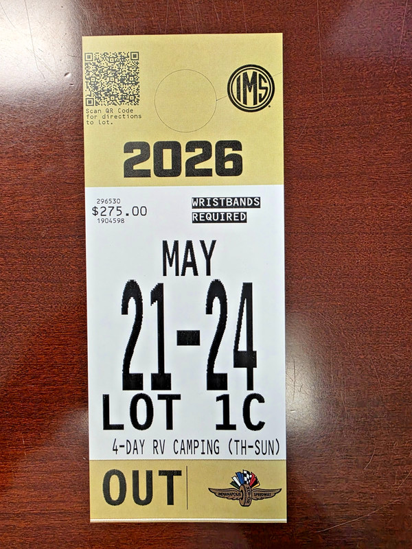 Indianapolis 500 Lot 1C Coke Lot - Parking Pass and 6 wristbands - 2026 Indy 500
