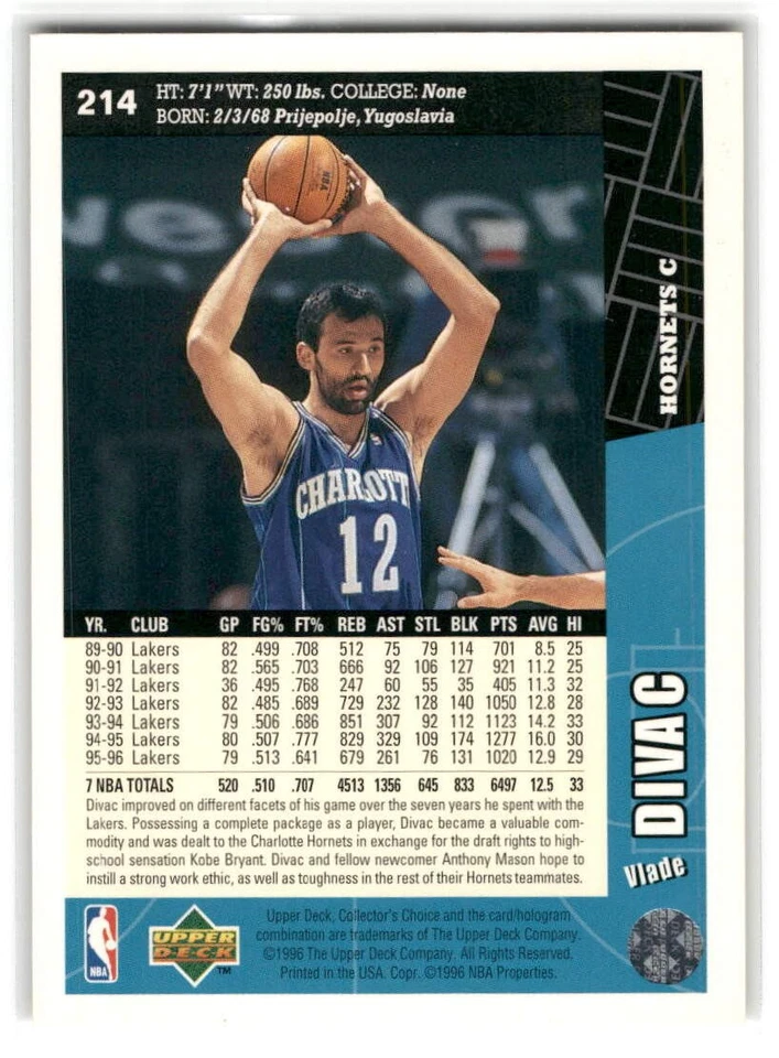 Vlade Divac 1996-97 Collector's Choice BASKETBALL #214 Charlotte Hornets - Image 2 of 2