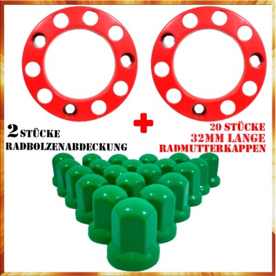 2 x Radbolzenabdeckung Kunststoff 22,5 LKW 20x32mm Lange Radmutterkappen Grün