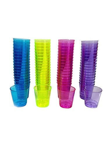 72 REUSABLE Plastic Neon Coloured Party Jelly Shot Glasses Cups 30ml Colourful - Photo 1/5