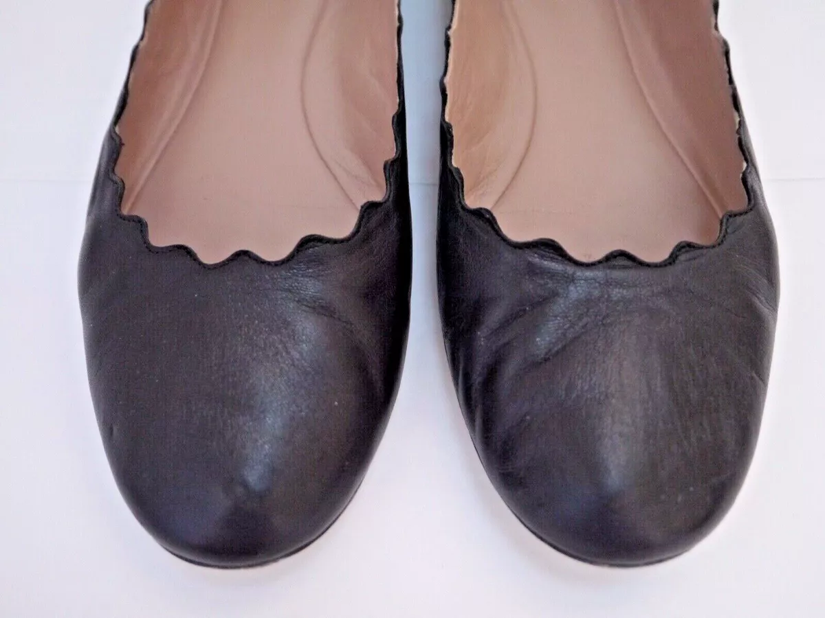 CHLOE black leather scalloped waves edge ballet flats shoes size 38.5