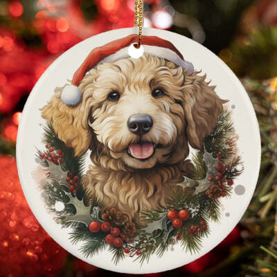 Cute Golden doodle Dog Flower Wreath Christmas Ornament Gift Tree Decor Hanging
