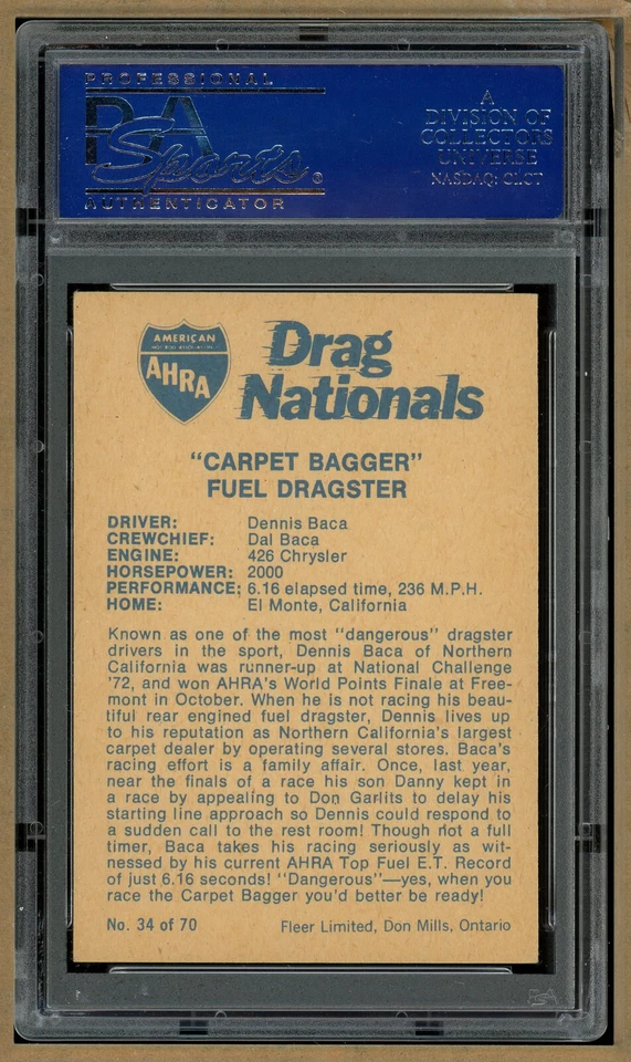 1972 Fleer AHRA Drag Nationals Canadian #34 "Carpet Bagger" Dragster PSA NM-7 - Image 2 of 2