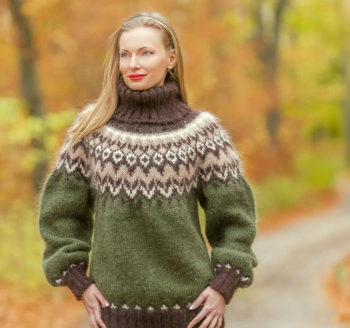 Brown green mohair sweater Icelandic fuzzy blouse turtleneck jumper SUPERTANYA