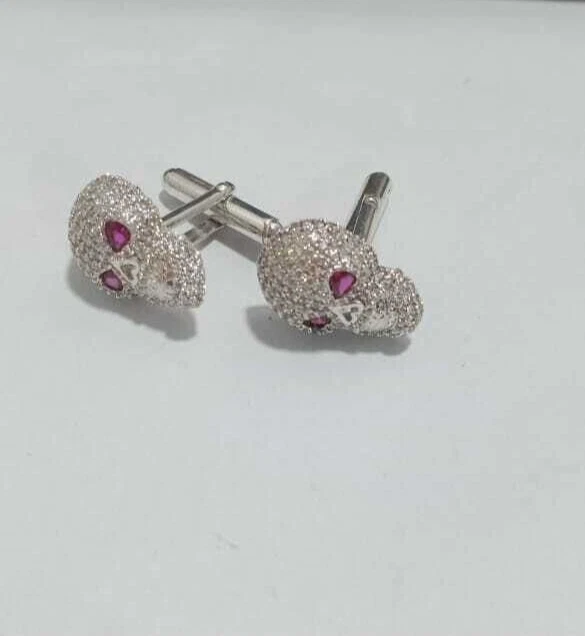 Men's Skull Face Cufflink Lab Created Ruby 2Carat 14k White Gold Plated Silver - Image 4 of 4