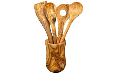 Olive Wood Utensil Set of 4 with Holder Handcrafted Spoon Spatula 12in