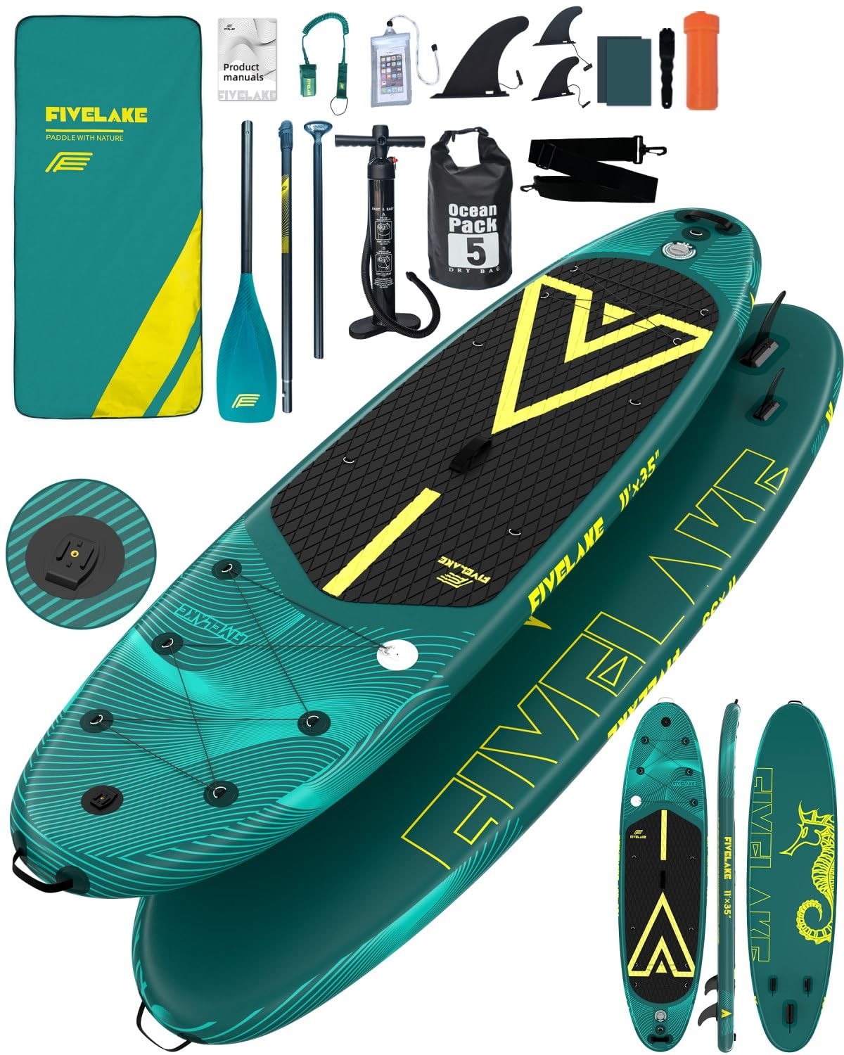 Green Inflatable Stand Up Paddle Board 11x35x6 Wide Stable SUP for All Skill Levels
