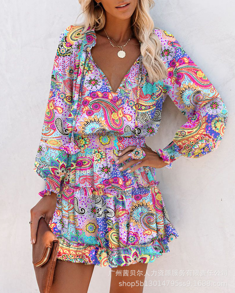 Women's Dress Summer New V-neck Long-sleeved Peplum Leopard Print Dress