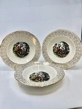 Vintage Homer Laughlin “Courting Couple”Soup Bowls, 22 K Trim, 3 Pieces, Preowne