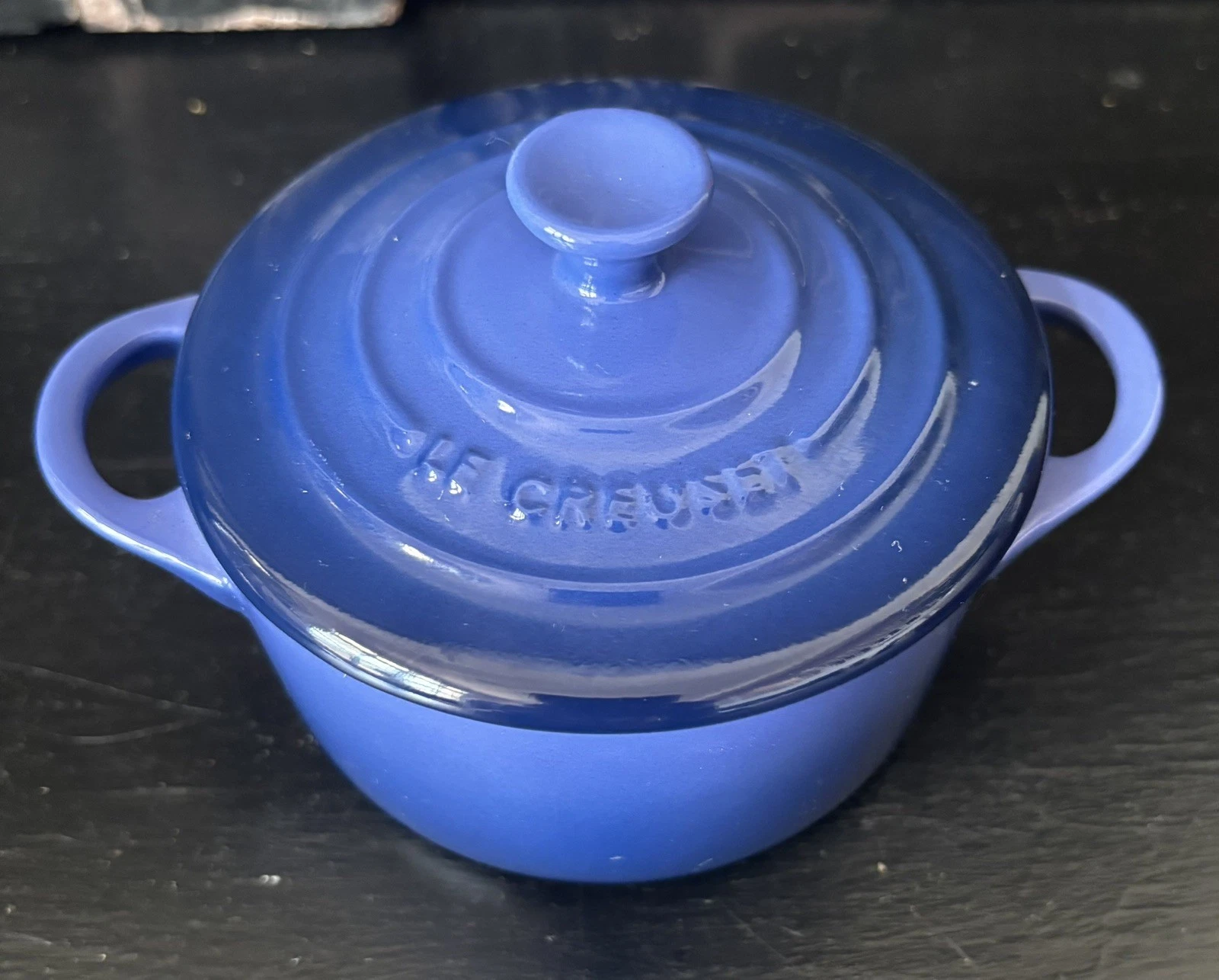 Le Creuset Mini Cocotte 8oz Indigo Blue 4" Ramekin Mini Round Dutch Oven w/ Lid
