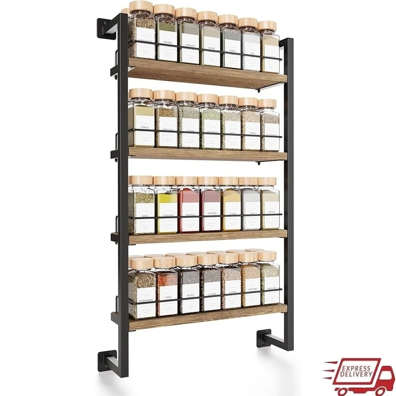 4 Tier Wall Mount Spice Rack Organizer W/ Wooden Shelves Storage Solution New