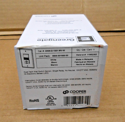 NEW COOPER GREENGATE ONW-D-1001-MV-W DUAL TECH WALL SWITCH 120/277VAC WHITE
