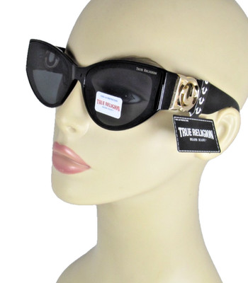 TRUE RELIGION Black Cat Eye Sunglasses Gold Cutout Temple Logos TR57990-1B-S