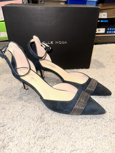 NWB Pelle Moda 8.5m KELDA-SU Slingback Pumps Navy Kid Suede Beige Shoes