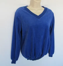 BLAIR WOMANS XS blue velour Terry ribbed v-neck long sleeve VINTAGE PULLOVER
