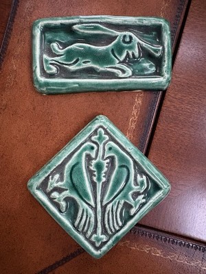Vtg Ceramic Art Tile Pair for Hanging Birds & Rabbit MI Artist LK Glossy Green