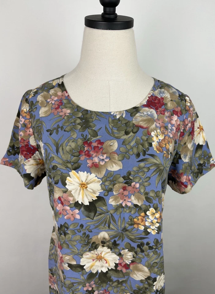 Maxi Vestido Vintage Años 90 Seda 6/Pequeño Estampado Floral Azul Aciano Romántico Boho Foto 2 de 4