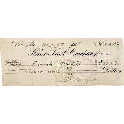 1914 Kineo Trust Company Bank Check E.A. Sampson Dover Maine Signed 6246 CHX12