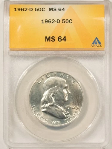 1962-D FRANKLIN HALF DOLLAR - ANACS MS-64, WHITE!