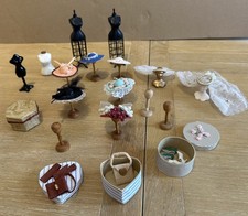 Dolls house fashion accessories bundle, hats, bags, gloves, shoes, mannequin