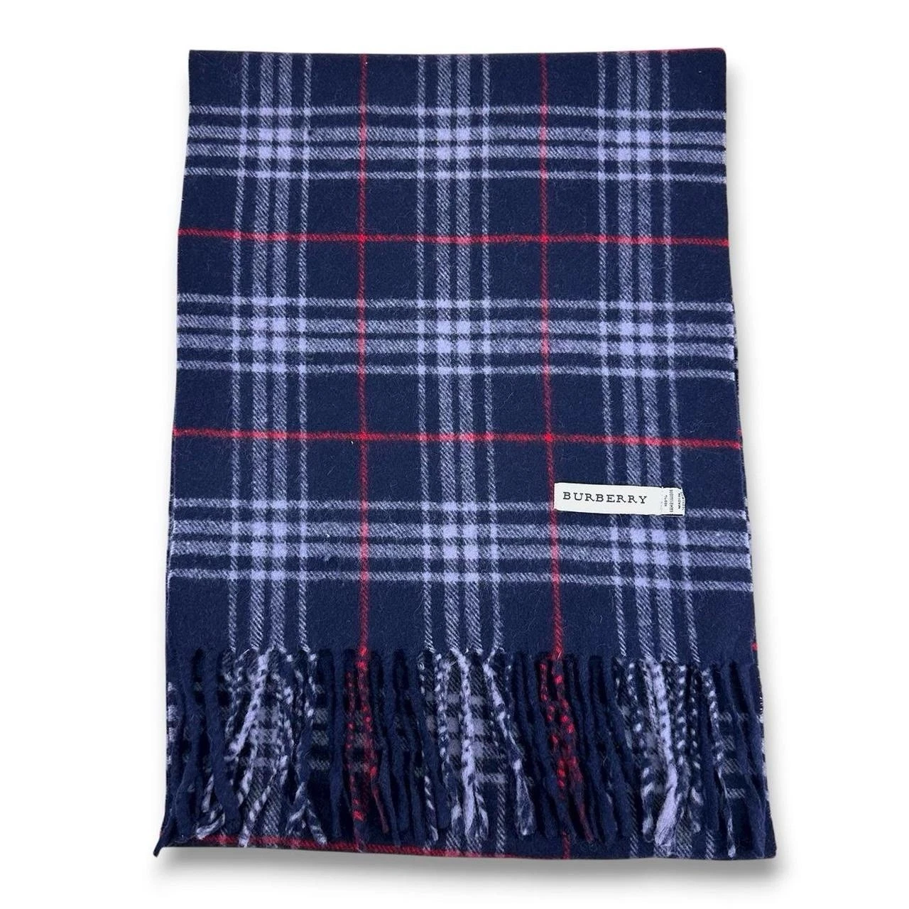Vintage Burberry 100% Wool Lambswool Checked Scarf, Navy Blue & Red (A132)