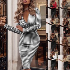 Sexy Womens V Neck Bodycon Midi Dress Ladies Evening Party Long Sleeve Dress