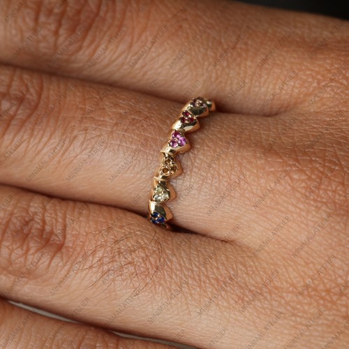 Regenbogen Saphir Herz Eternity Ring 14k Gelbgold Geschenk zum Jubiläum Band - Bild 4 von 5