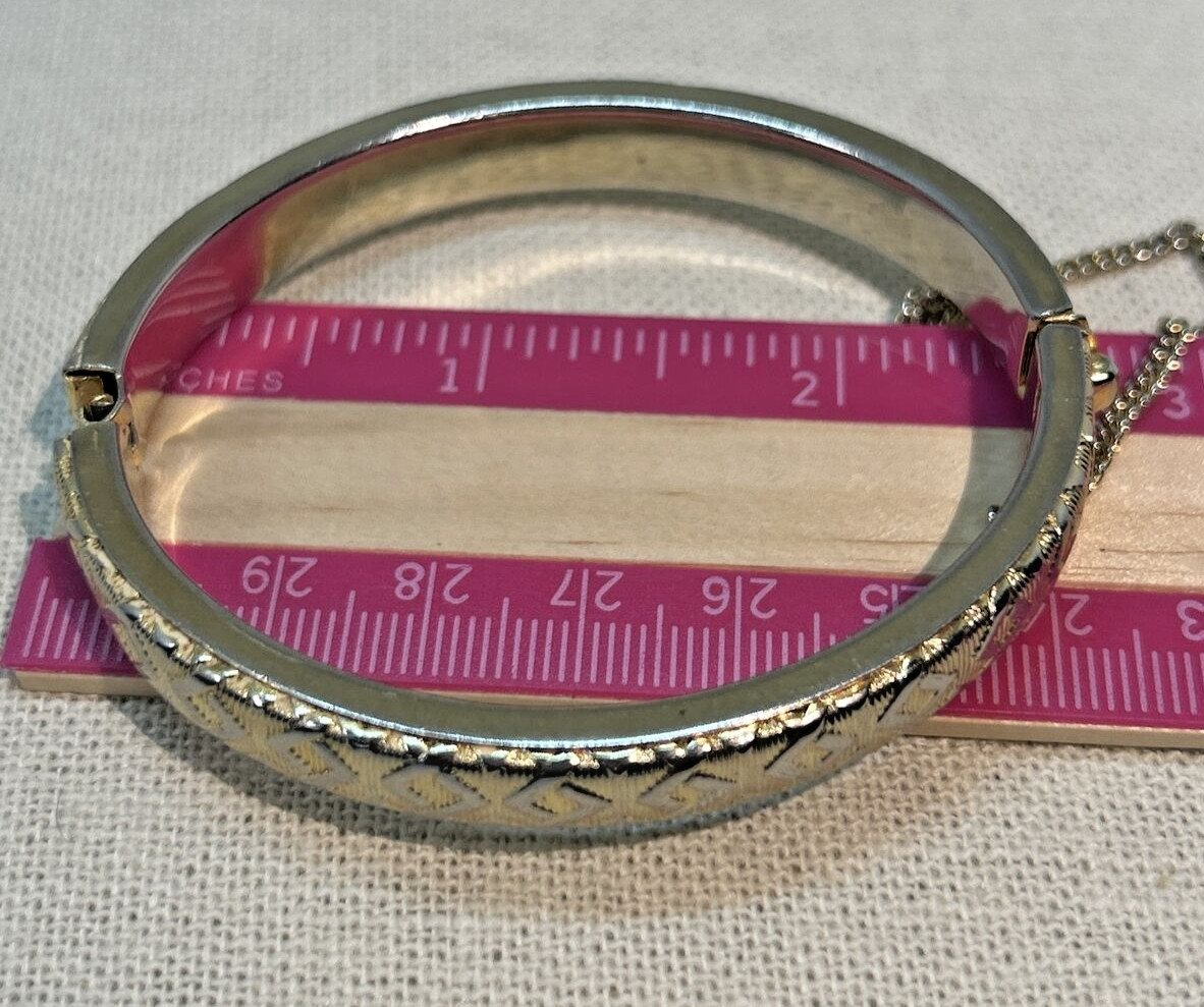 Bangle Bracelet Etched Silver & Gold Metal Tone Jewelry Designs Hinged Chained