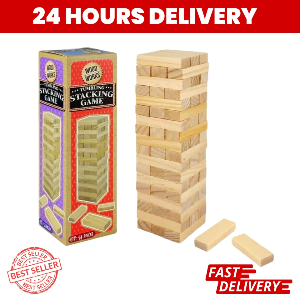 54 Pcs Wooden TUMBLING TOWER STACKING GAME Blocks Classic Building Gift Box UK