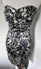 Mystic MADE IN USA Dress Evening Wedding Small Stretch Satin Navy Blue And Cream