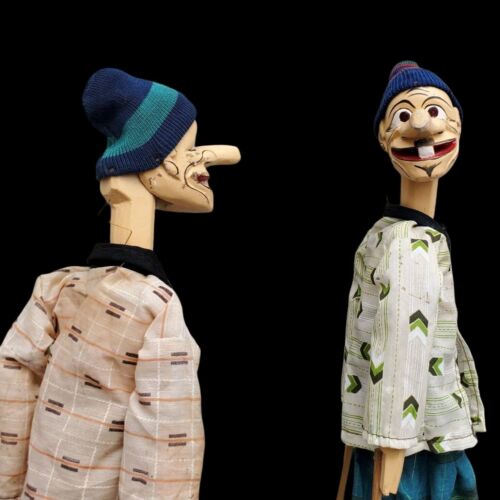 Two Hand Carved Puppets Wayang Golek Long Nose Java Indonesia Beanie Hats 17" - Picture 1 of 10