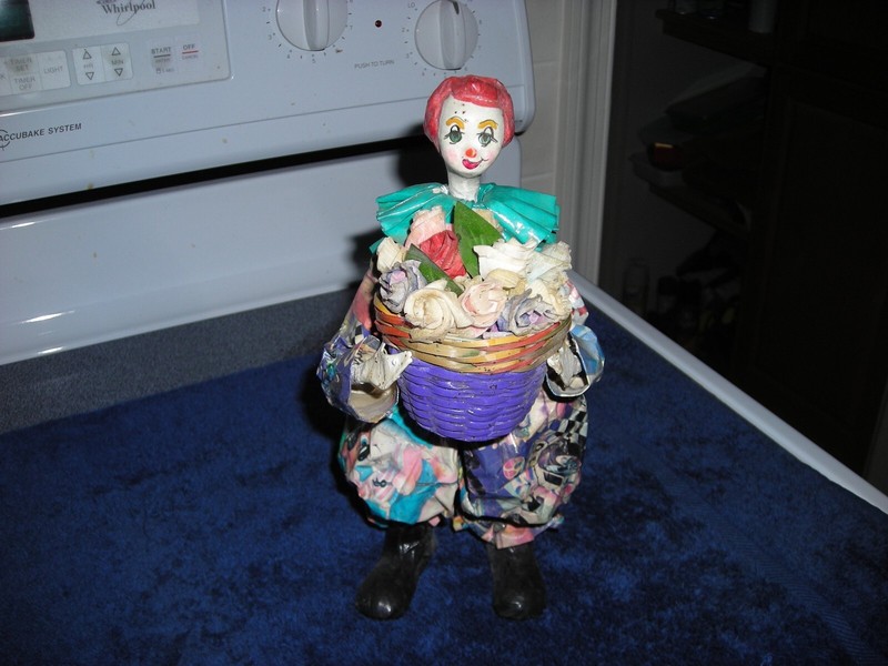 Mexican Paper mache Folk Art Clown with Basket of Flowers