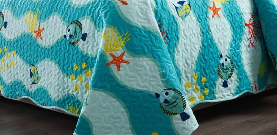 被子套装双蓝色海洋生物双面超细纤维女孩男孩海岸床上用品 — 第 2/4 张图片