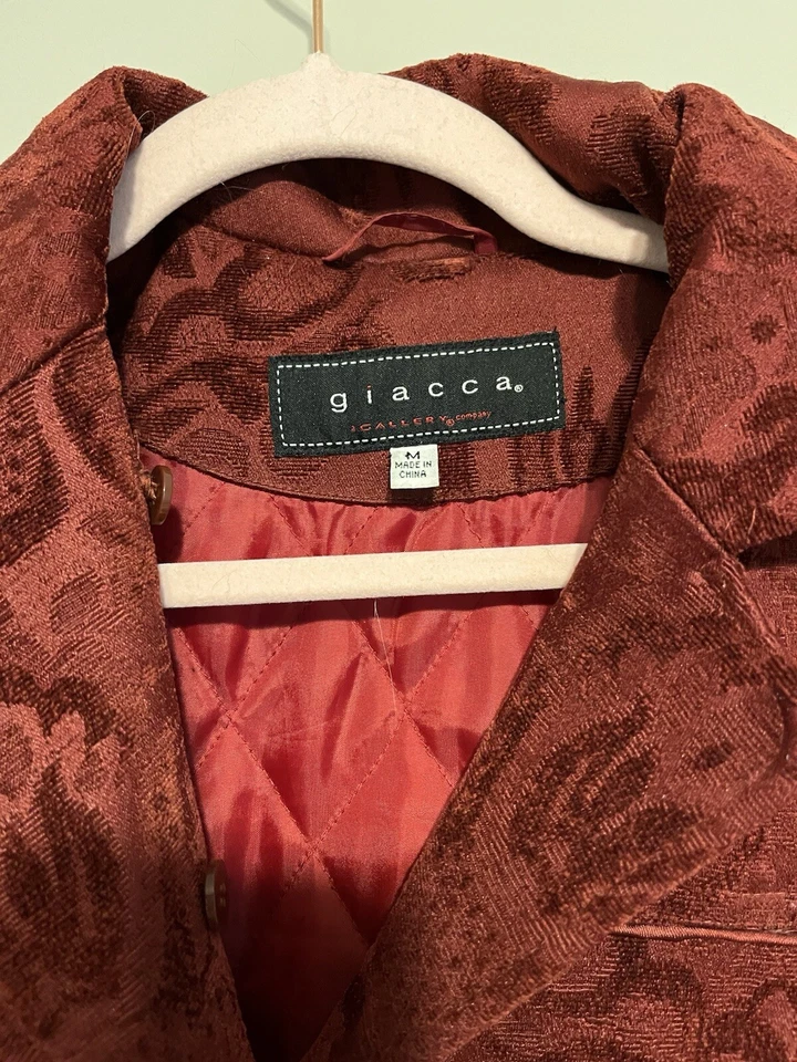 Jaqueta bordada jacquard vintage Giacca vermelha/borgonha floral tapeçaria M - Imagem 2 de 4