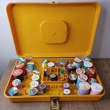 VIntage Wilson Wil-Hold Plastic Sewing Box Case With Thread Bobbins Yellow Gold
