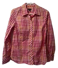 Talbots Women's Lightweight Checkered Plaid Button UP Shirt Pink Size XS Classic