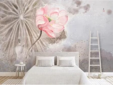 3D Elegant Lotus Ink Self-adhesive Removeable Wallpaper Wall Mural