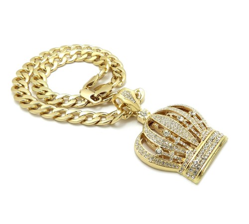Hip Hop Stone Stud Crown Pendant 11mm 18",20",24" Cuban Chain Necklace RC4073 - Picture 7 of 14
