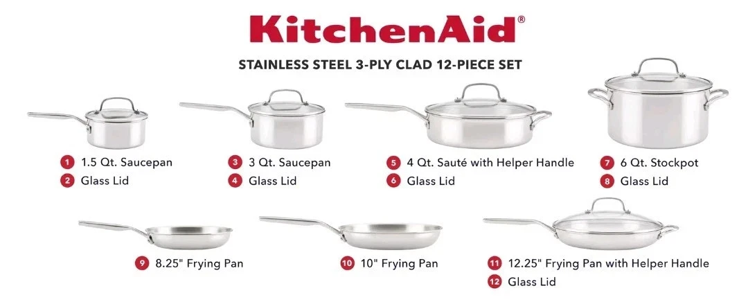 KitchenAid Tri-Ply Clad Stainless Steel 12-piece Cookware Set, NEW