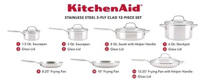 KitchenAid Tri-Ply Clad Stainless Steel 12-piece Cookware Set, NEW