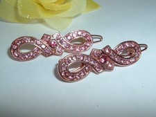 VINTAGE PAIR PINK RHINESTONE COPPER POST CLIP 1.5" BARRETTES