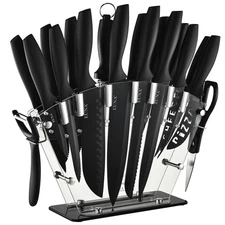 EUNA Kitchen Knife Set, 19 PCS Black Knife Set with Acrylic Block and Sharpen...
