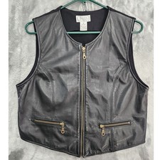 Vintage Jennifer Moore Vest Women 8 Black Leather Full Zip Knit Back Moto Rocker