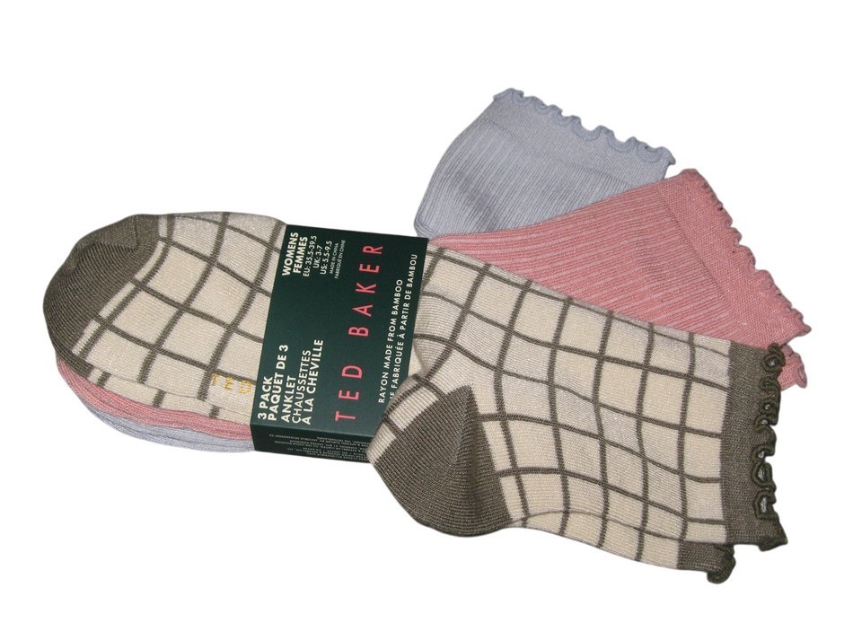 TED BAKER  Ladies Ruffled  Bamboo Anklet  Socks  3 Pairs  Size 3 - 7  Blue Pink