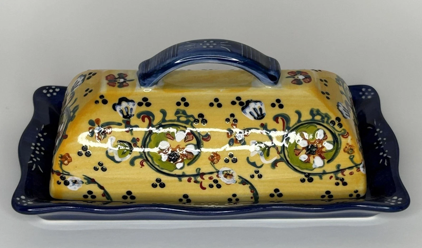 Anthropologie Covered Ceramic Butter Dish Lid Floral Design Blue & Yellow