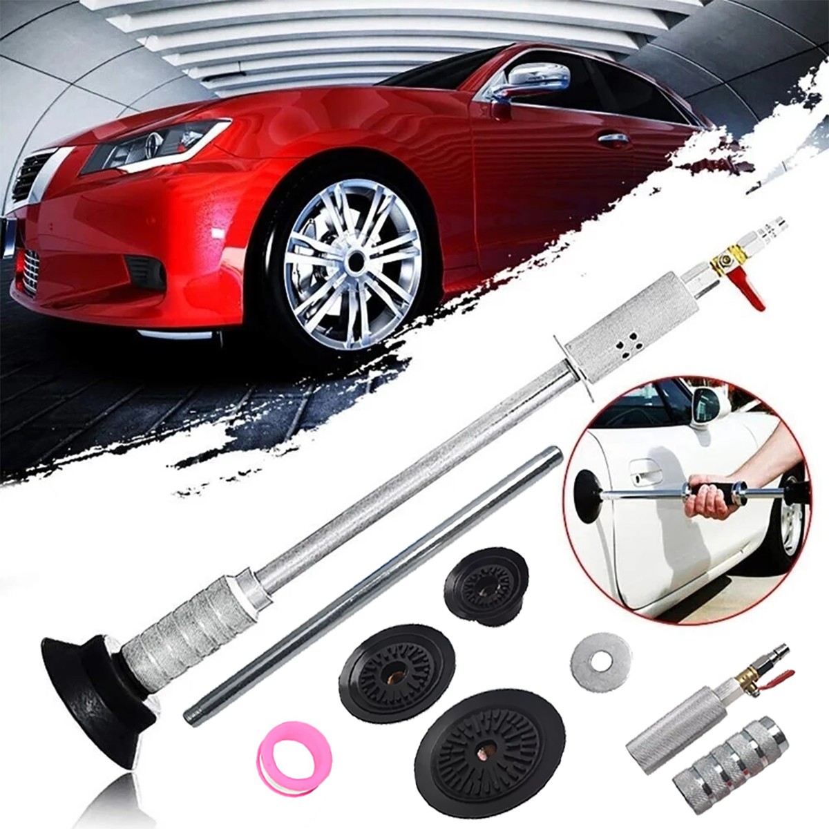 Air-Powered Dent Puller Kit for Auto Body Repair with Suction Cup and Slide Tool